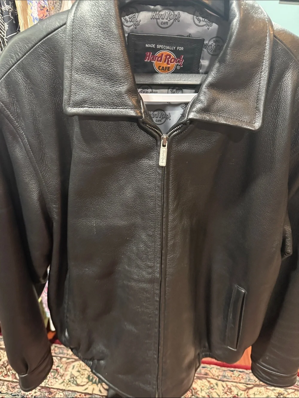 Hard Rock Cafe Black Leather Bomber Jacket with White Embroidered Logo